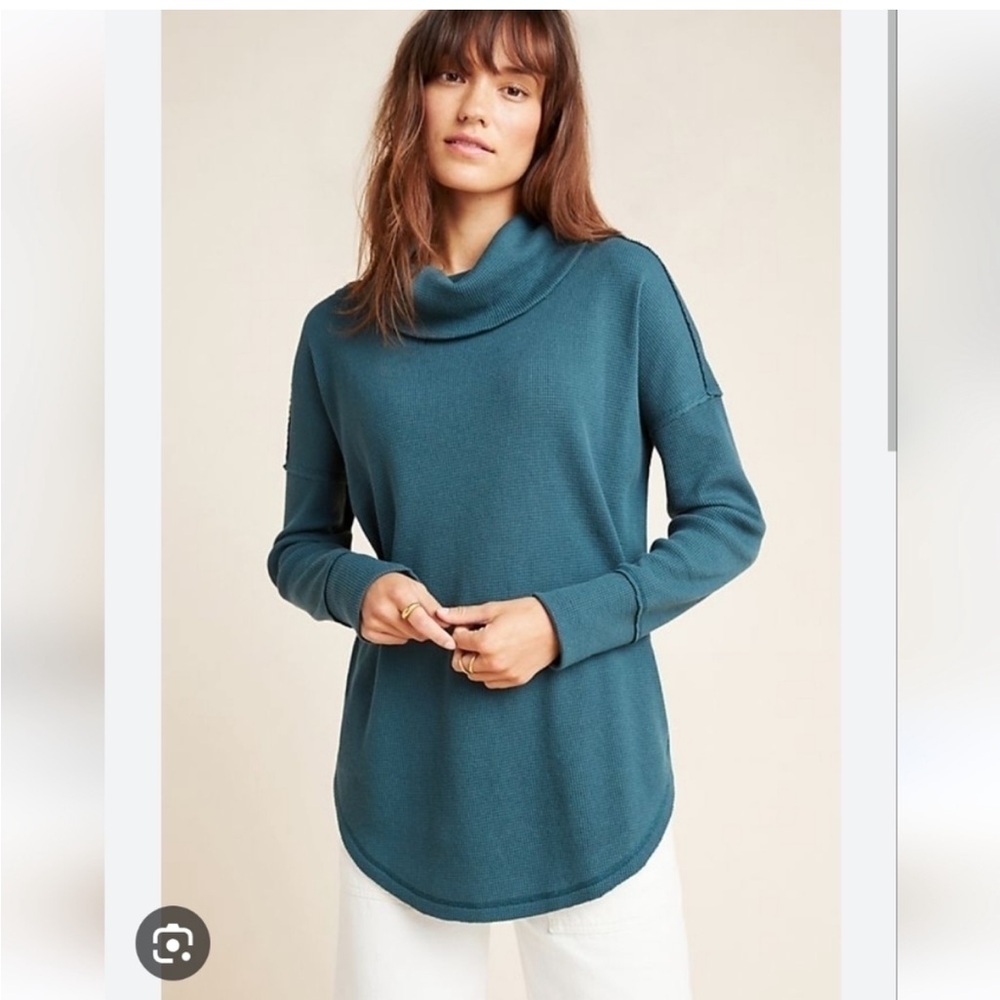 Maeve Ainsley Thermal Waffle Knit Dark Teal Turtleneck Size Large - Picture 1 of 6